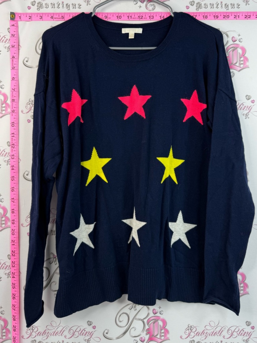 Lisa Todd sweater stars rainbow Navy Sweater with Pink, Yellow & White Stars